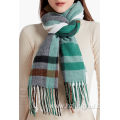 Warm fresh winter light green plaid tassel scarf